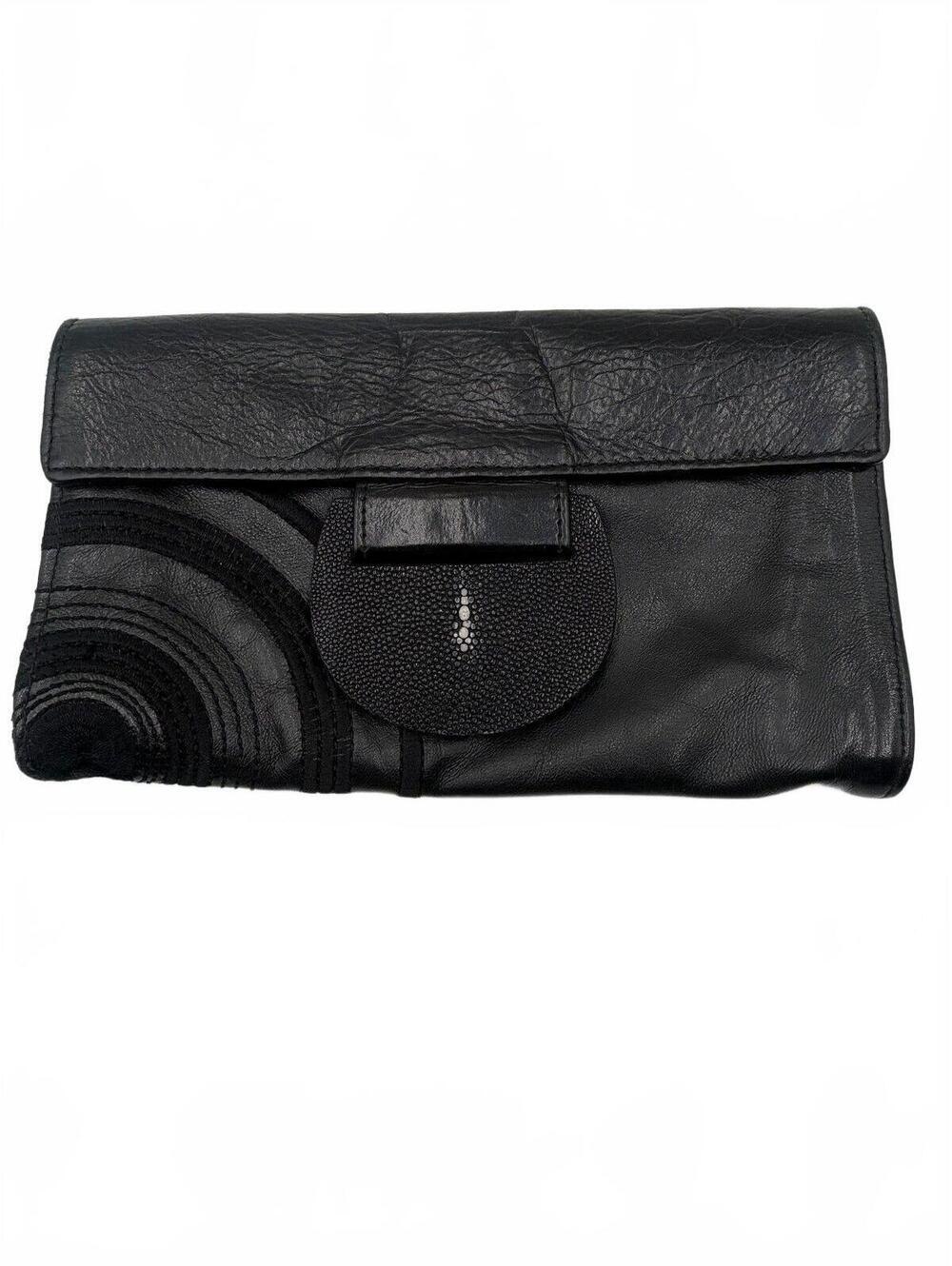R&Y Augousti Black Leather Shagreen Stingray Flap Evening Clutch Purse Bag